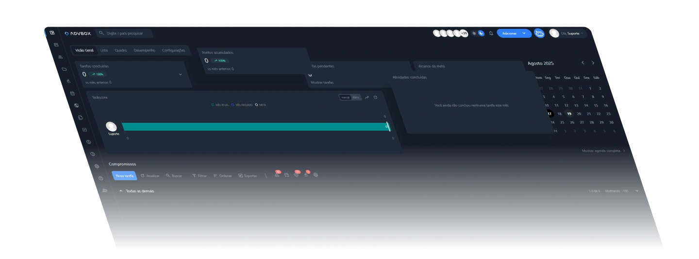 Dashboard do sistema ADVBOX com Taskscore, compromissos e agenda